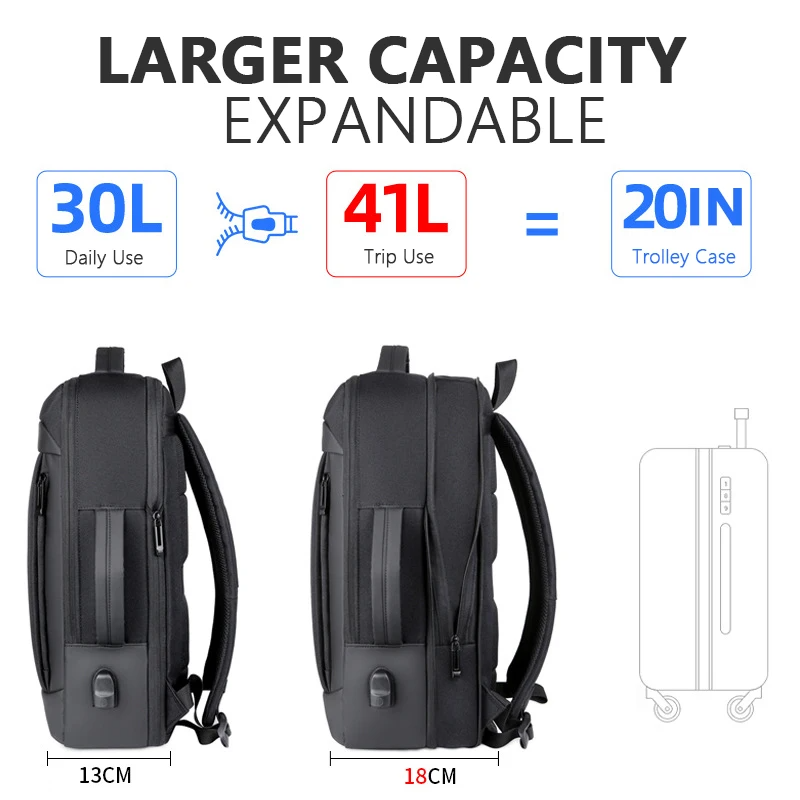 Sac à dos Crossten 40L grande capacité extensible, pour ordinateur portable 17 , avec port USB de recharge, imperméable, multifonction pour école et voyage, style suisse