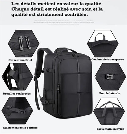 Sac à Dos Voyage Cabine Avion 33L Grand Bagage à Main Antivol Sac à Dos Ordinateur Portable 17 Pouces Imperméable Homme Femme Noir